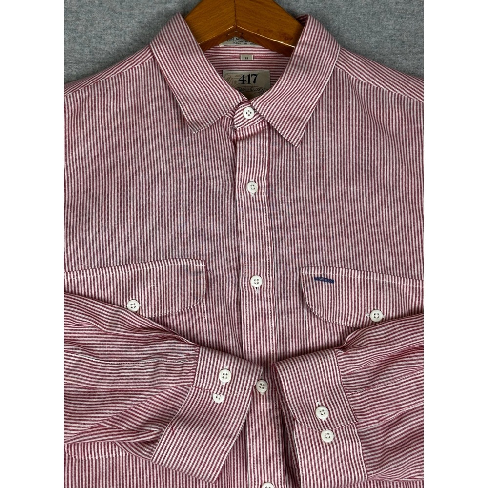417 Van Heusen Button Down L Red White Hickory Stripe Long Sleeve Made in USA